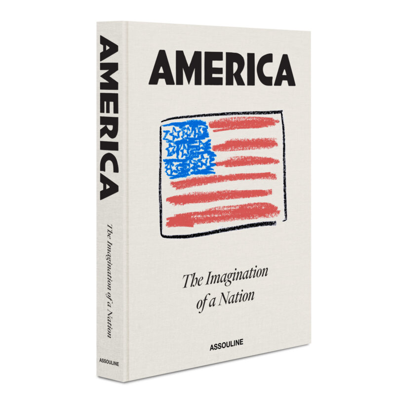 A hardcover book titled "AMERICA: The Imagination of a Nation" with a sketched American flag on the cover, published by Assouline.