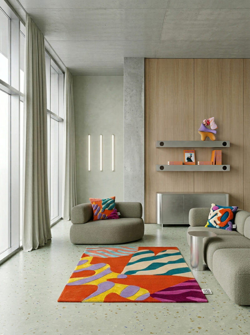 Modern living room with large windows, neutral armchairs, colorful abstract rug and cushions inspired by StudioPROBA Salehe Bembury Soft Imprints, wood-paneled wall, floating shelves, and contemporary decor.